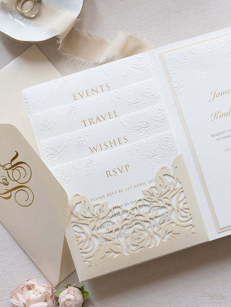 Luxury 4 Inserts Pocket with Embossed with Gold Foil Monogram and  Laser cut Pocket fold Suite