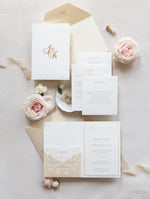 Luxury 4 Inserts Pocket with Embossed with Gold Foil Monogram and  Laser cut Pocket fold Suite