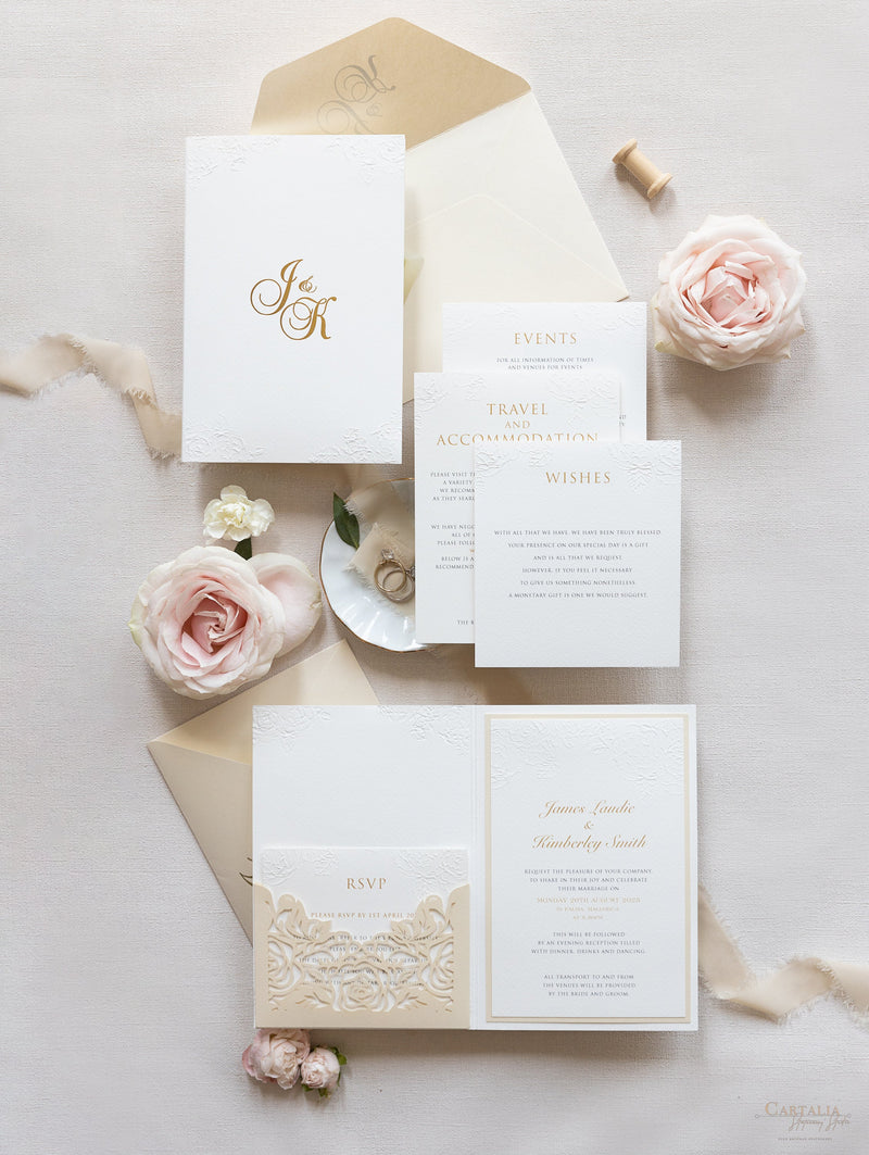 Luxury 4 Inserts Pocket with Embossed with Gold Foil Monogram and  Laser cut Pocket fold Suite