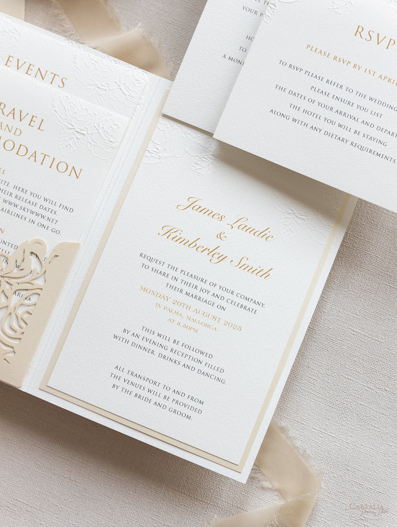 Embossed Luxury Pearl Pocket Fold Invitation with Reception and Rsvp C –  Cartalia
