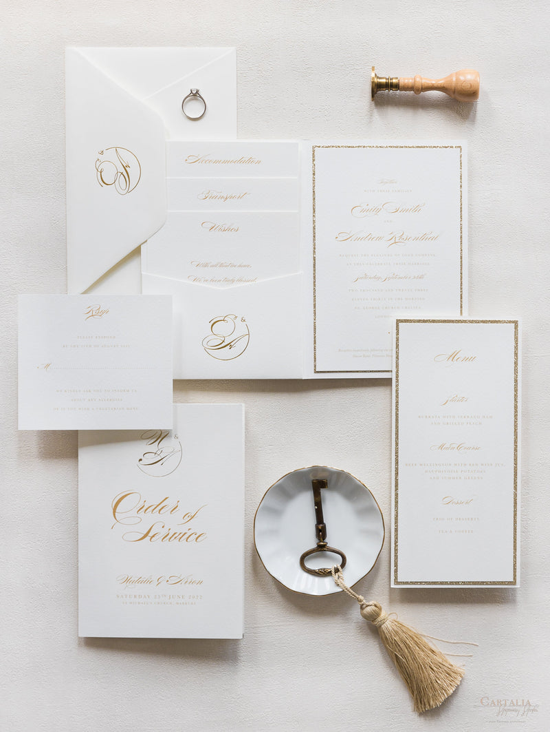 Shimmering Silver Monogram Pocket Wedding Invitation Suite – Cartalia