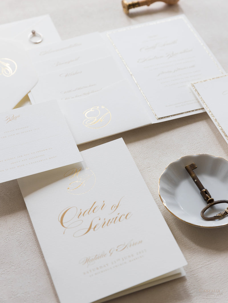 Luxury Classic Pocket fold with 4 inserts Wedding Invitation Suite with Gold Foil
