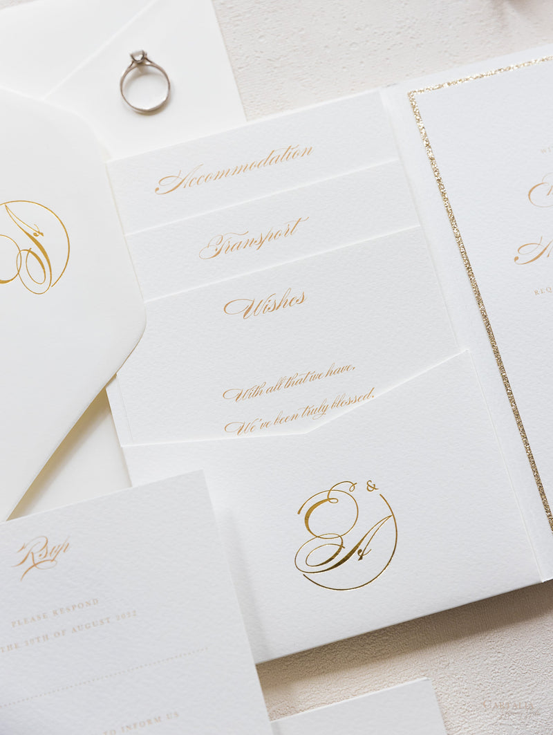 Luxury Classic Pocket fold with 4 inserts Wedding Invitation Suite with Gold Foil