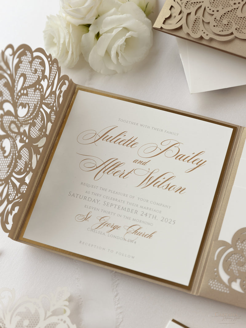 Luxury Old Gold Opulence Laser Cut Lace Pocketfold Wedding Invitation Suite with 3 Tier :  Guest Info & Travel & Rsvp Card