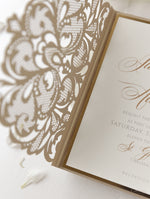 Luxury Old Gold Opulence Laser Cut Lace Pocketfold Wedding Invitation Suite with 3 Tier :  Guest Info & Travel & Rsvp Card
