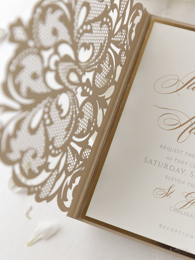 Luxury Old Gold Opulence Laser Cut Lace Pocketfold Wedding Invitation Suite with 3 Tier :  Guest Info & Travel & Rsvp Card