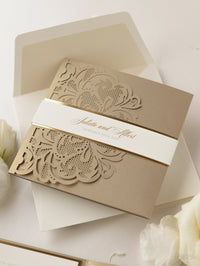 Champagne Opulence Laser Cut Lace Pocketfold Wedding Invitation Suite with 3 Tier :  Guest Info & Travel & Rsvp Card