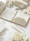 Luxury Old Gold Opulence Laser Cut Lace Pocketfold Wedding Invitation Suite with 3 Tier :  Guest Info & Travel & Rsvp Card