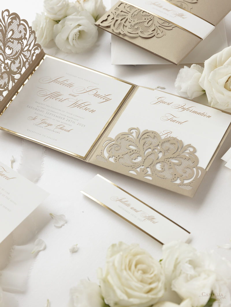 Luxury Old Gold Opulence Laser Cut Lace Pocketfold Wedding Invitation Suite with 3 Tier :  Guest Info & Travel & Rsvp Card