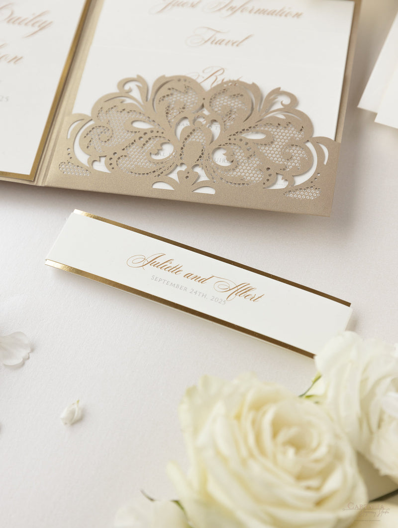 Luxury Old Gold Opulence Laser Cut Lace Pocketfold Wedding Invitation Suite with 3 Tier :  Guest Info & Travel & Rsvp Card