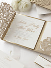 Luxury Old Gold Opulence Laser Cut Lace Pocketfold Wedding Invitation Suite with 3 Tier :  Guest Info & Travel & Rsvp Card