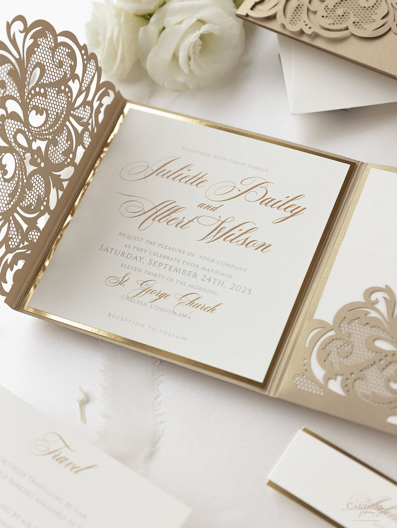 Luxury Old Gold Opulence Laser Cut Lace Pocketfold Wedding Invitation Suite with 3 Tier :  Guest Info & Travel & Rsvp Card