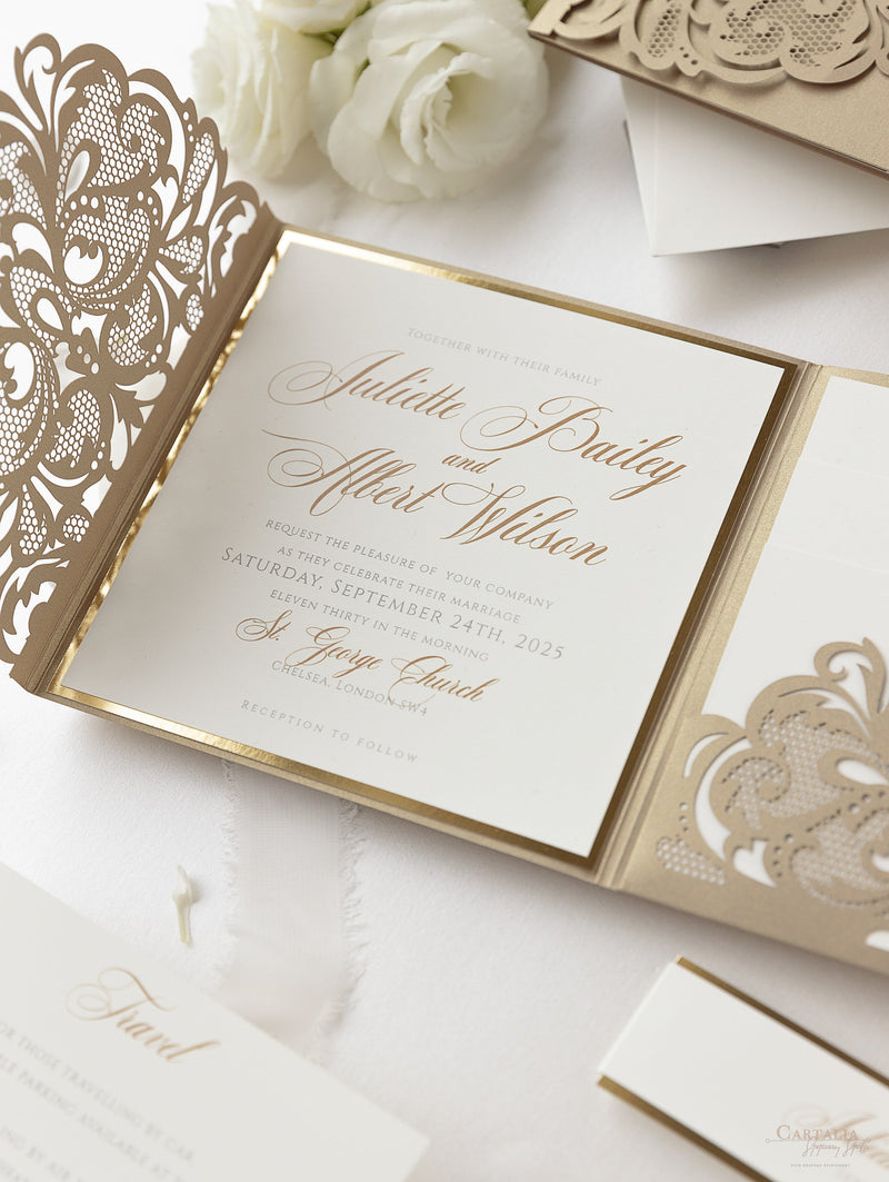 Embossed Luxury Pearl Pocket Fold Invitation with Reception and Rsvp C –  Cartalia