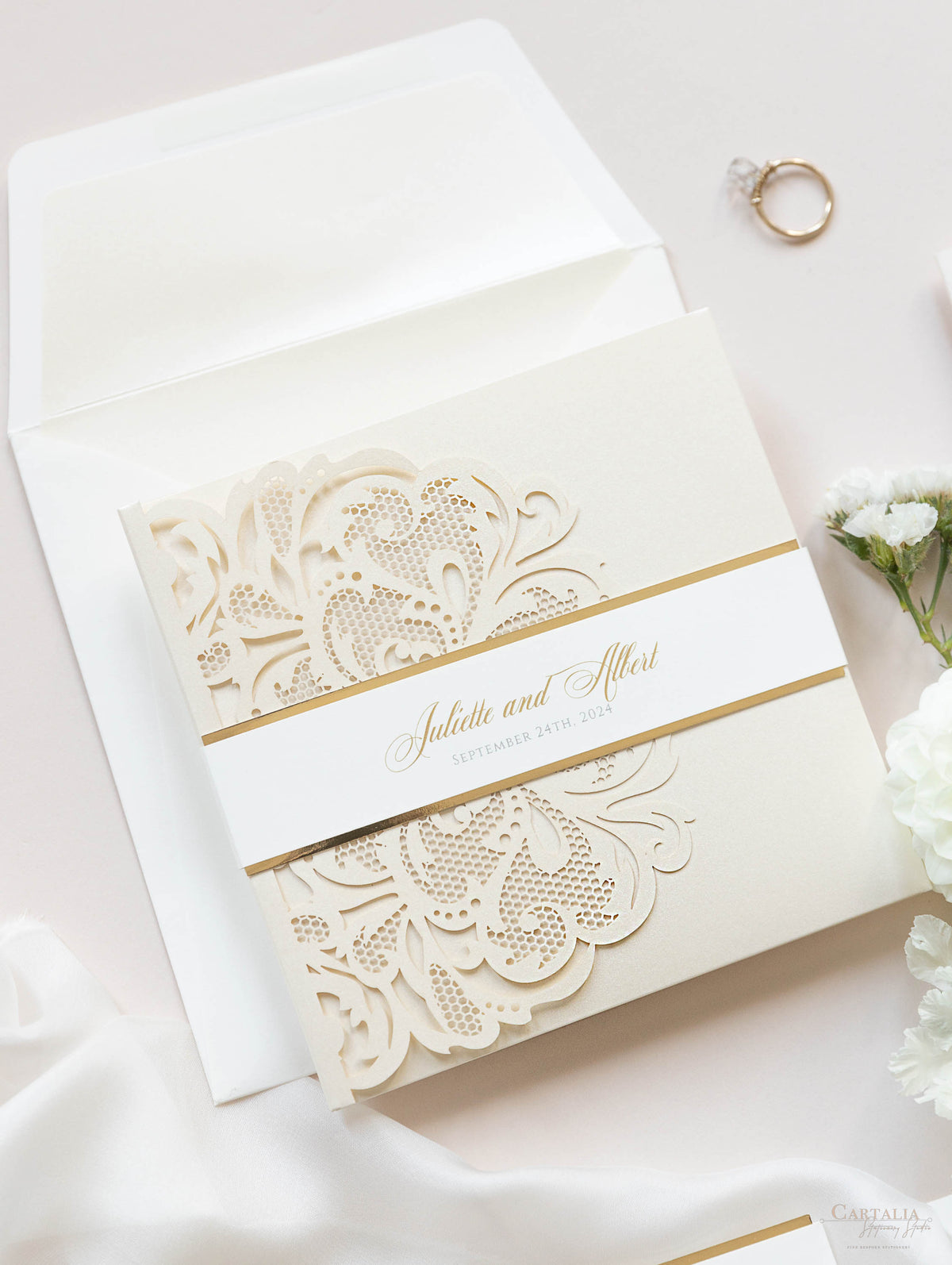 Luxury Old Gold Opulence Laser Cut Lace Pocketfold Wedding Invitation Suite with 3 Tier :  Guest Info & Travel & Rsvp Card