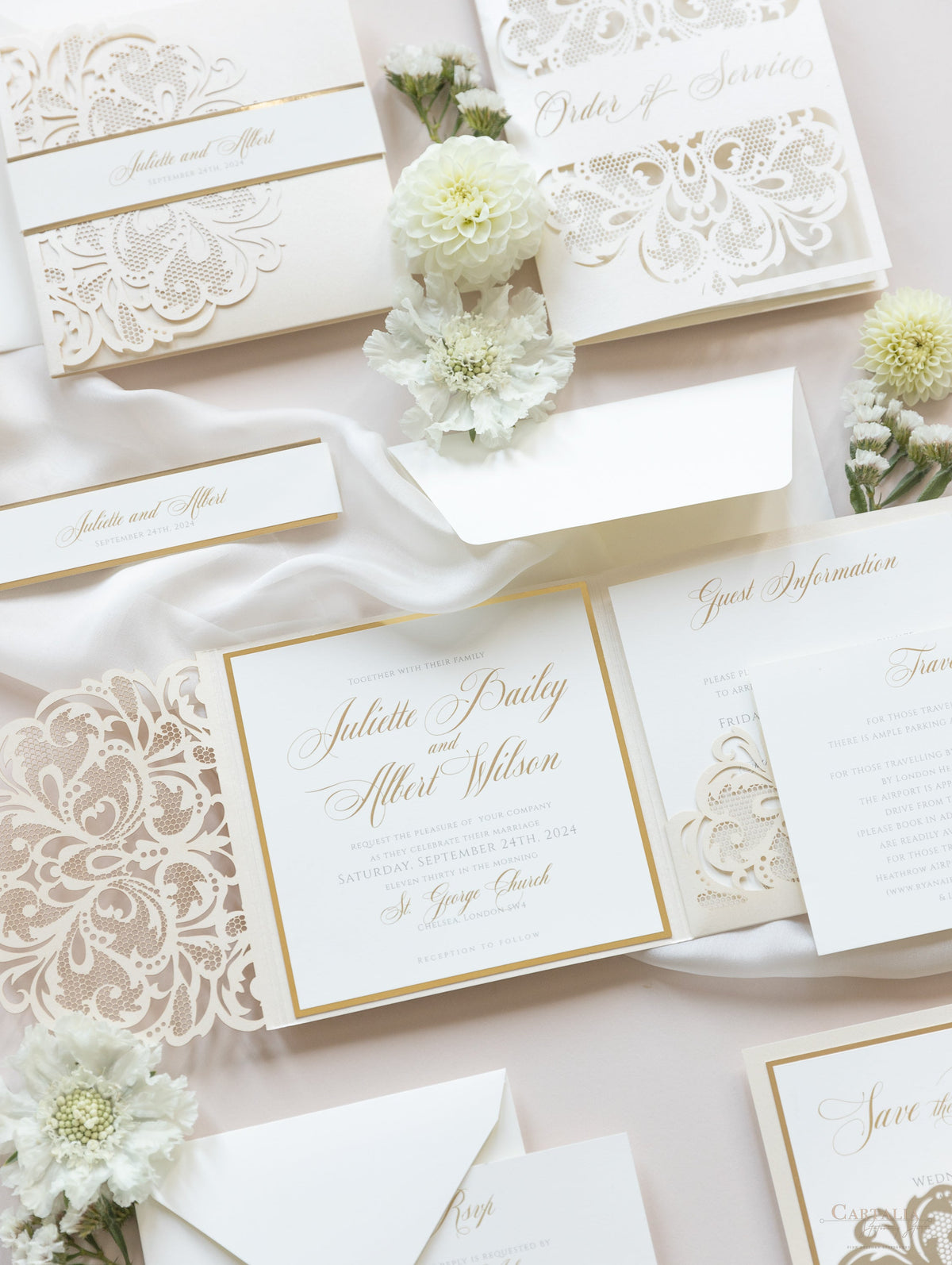 Champagne Opulence Laser Cut Lace Pocketfold Wedding Invitation Suite with 3 Tier :  Guest Info & Travel & Rsvp Card