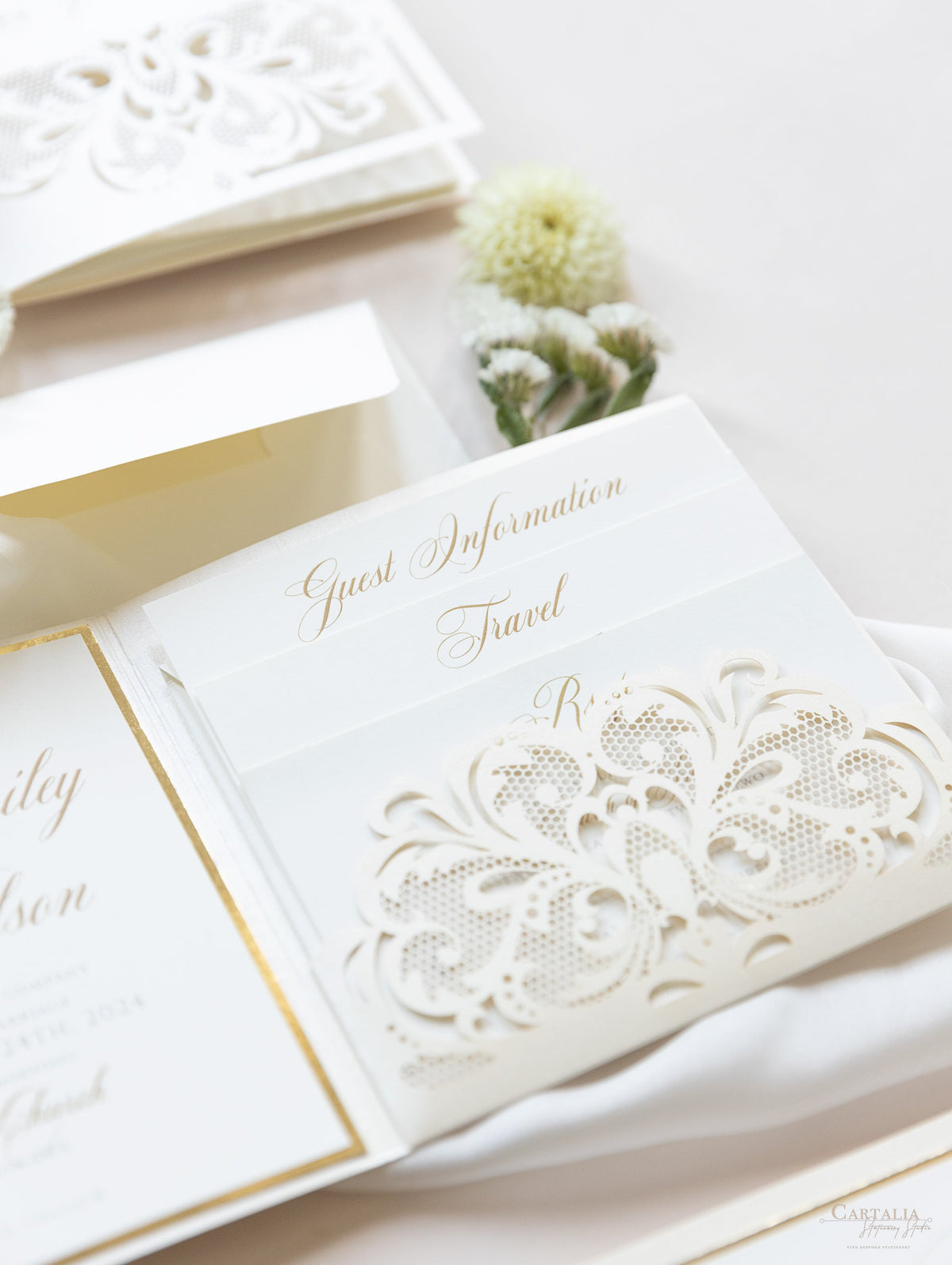 Champagne Opulence Laser Cut Lace Pocketfold Wedding Invitation Suite with 3 Tier :  Guest Info & Travel & Rsvp Card