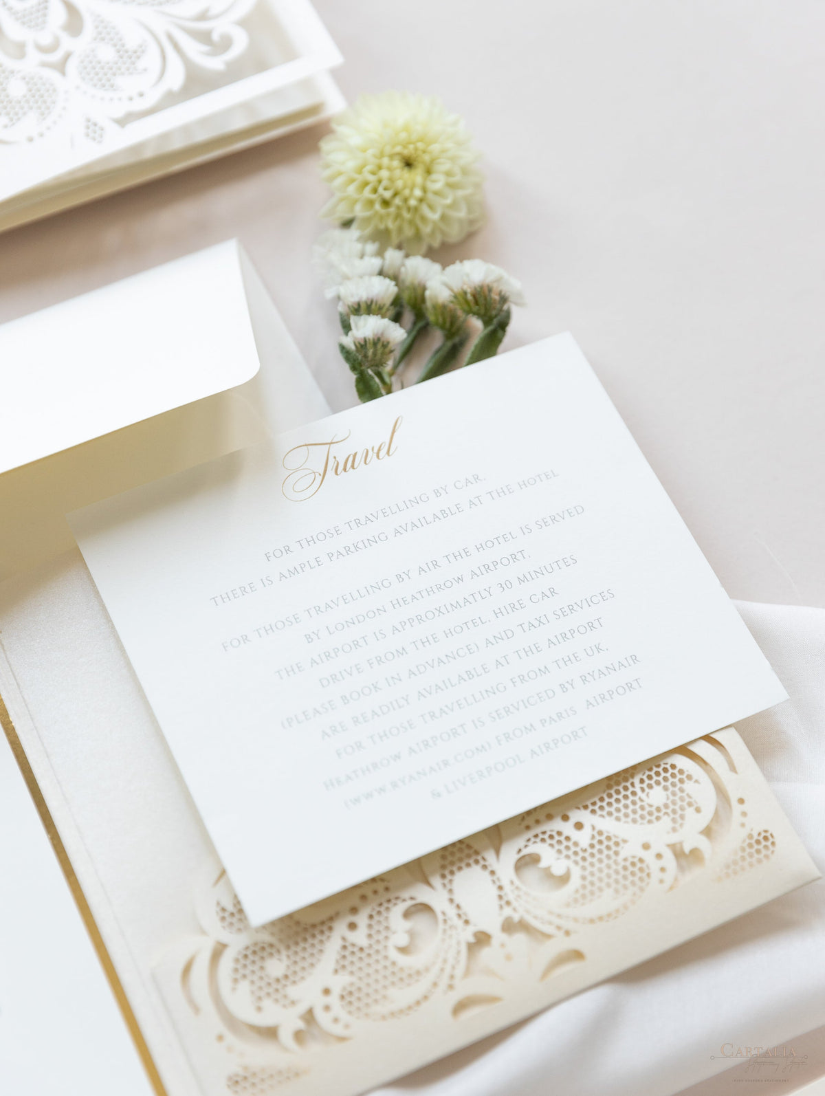 Champagne Opulence Laser Cut Lace Pocketfold Wedding Invitation Suite with 3 Tier :  Guest Info & Travel & Rsvp Card