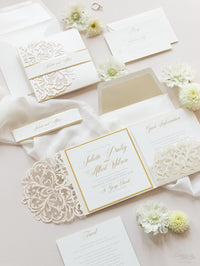 Champagne Opulence Laser Cut Lace Pocketfold Wedding Invitation Suite with 3 Tier :  Guest Info & Travel & Rsvp Card