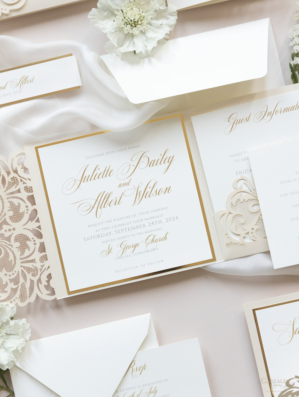 Champagne Opulence Laser Cut Lace Pocketfold Wedding Invitation Suite with 3 Tier :  Guest Info & Travel & Rsvp Card