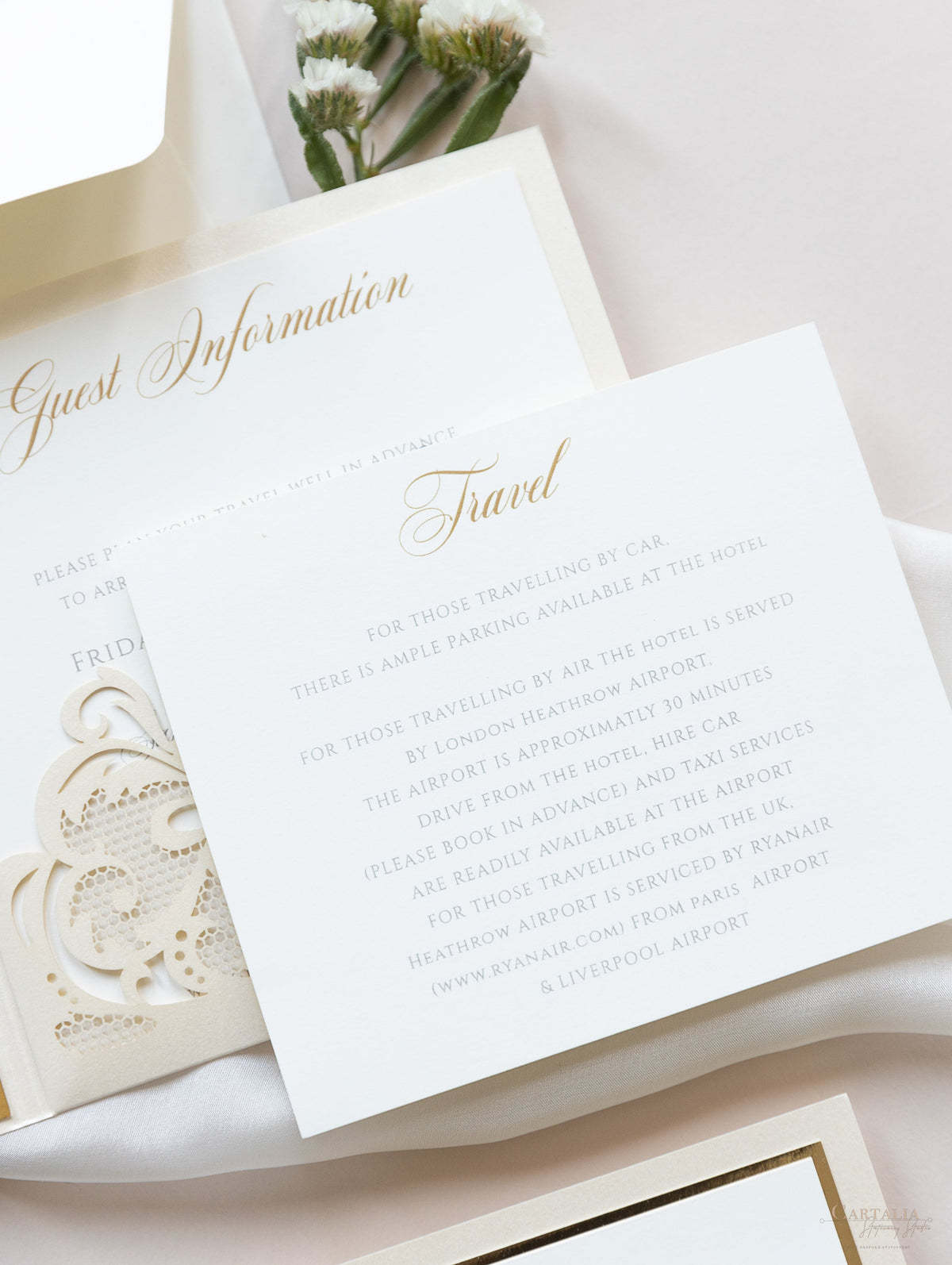 Champagne Opulence Laser Cut Lace Pocketfold Wedding Invitation Suite with 3 Tier :  Guest Info & Travel & Rsvp Card