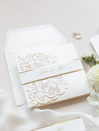 Champagne Opulence Laser Cut Lace Pocketfold Wedding Invitation Suite with 3 Tier :  Guest Info & Travel & Rsvp Card