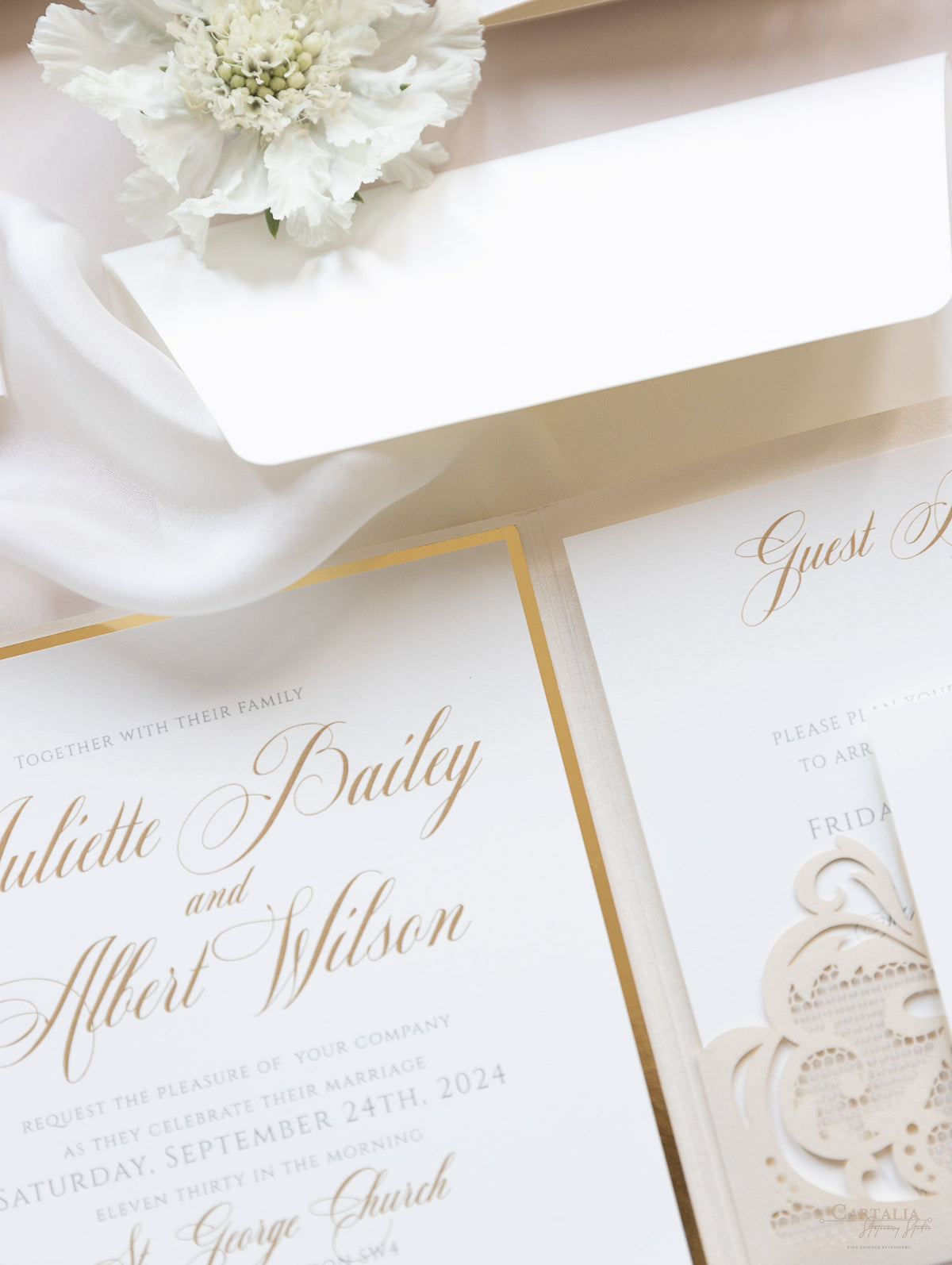 Champagne Opulence Laser Cut Lace Pocketfold Wedding Invitation Suite with 3 Tier :  Guest Info & Travel & Rsvp Card