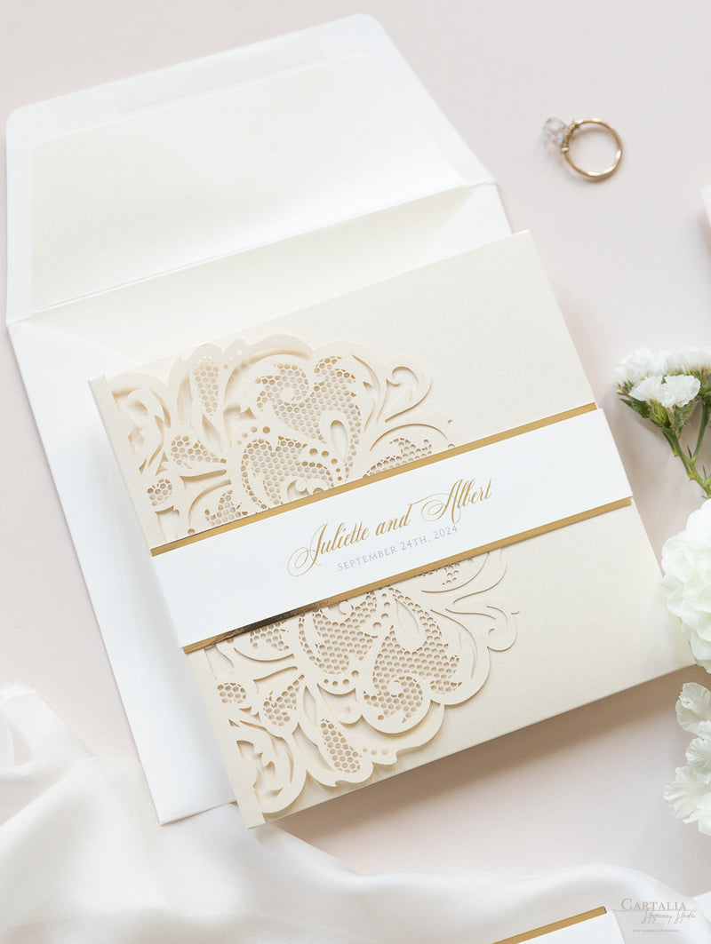 Champagne Opulence Laser Cut Lace Pocketfold Wedding Invitation Suite with 3 Tier :  Guest Info & Travel & Rsvp Card