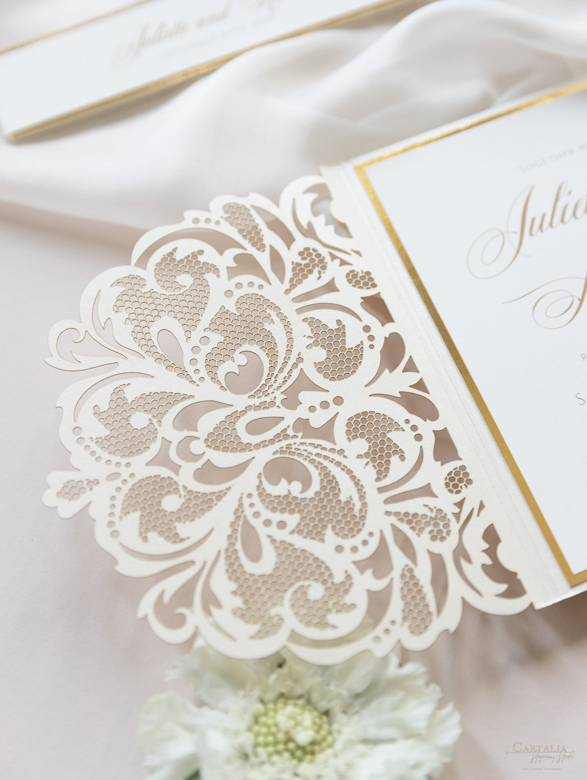 Champagne Opulence Laser Cut Lace Pocketfold Wedding Invitation Suite with 3 Tier :  Guest Info & Travel & Rsvp Card