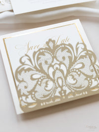 Luxury Champagne Opulence Laser Cut Square Lace Save the Date with Envelope