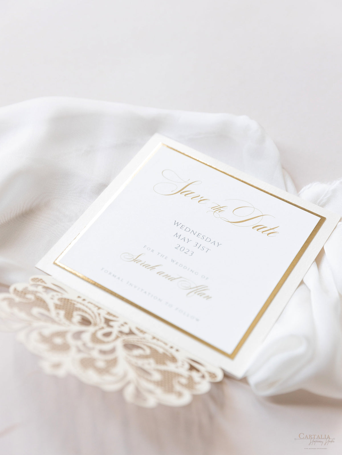 Luxury Champagne Opulence Laser Cut Square Lace Save the Date with Envelope