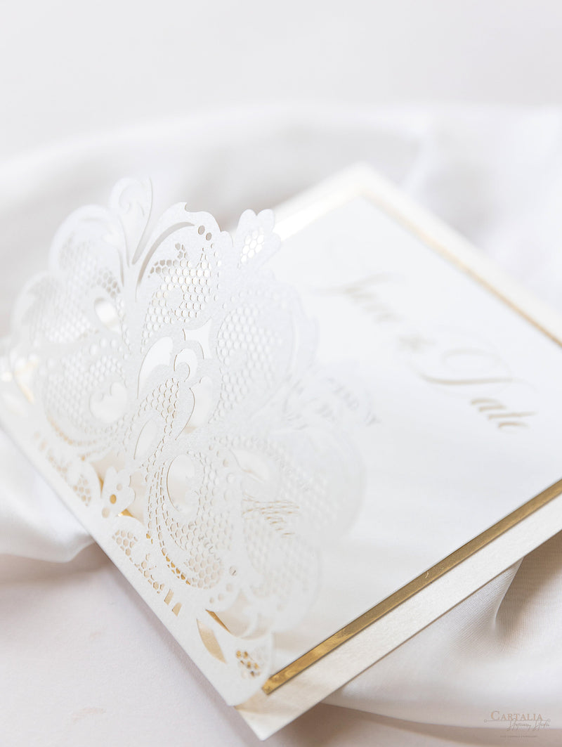 Luxury Champagne Opulence Laser Cut Square Lace Save the Date with Envelope