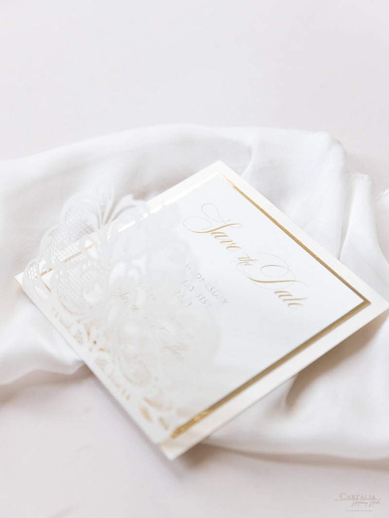 Luxury Champagne Opulence Laser Cut Square Lace Save the Date with Envelope