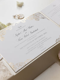 Luxury Roses Gold Foil Invitation pocket fold suite for Wedding Day, RSVP, Info Card with Laser Cut pocket, Calligraphy Script