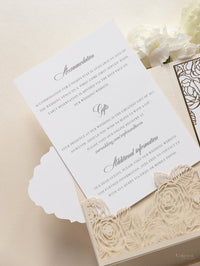 Luxury Roses Gold Foil Invitation pocket fold suite for Wedding Day, RSVP, Info Card with Laser Cut pocket, Calligraphy Script