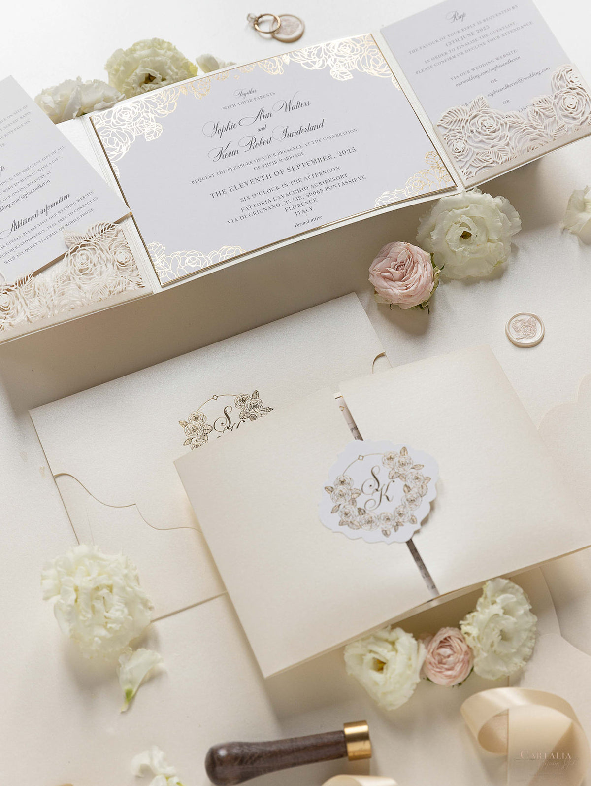 Luxury Roses Gold Foil Invitation pocket fold suite for Wedding Day, RSVP, Info Card with Laser Cut pocket, Calligraphy Script