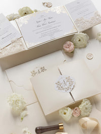 Luxury Roses Gold Foil Invitation pocket fold suite for Wedding Day, RSVP, Info Card with Laser Cut pocket, Calligraphy Script