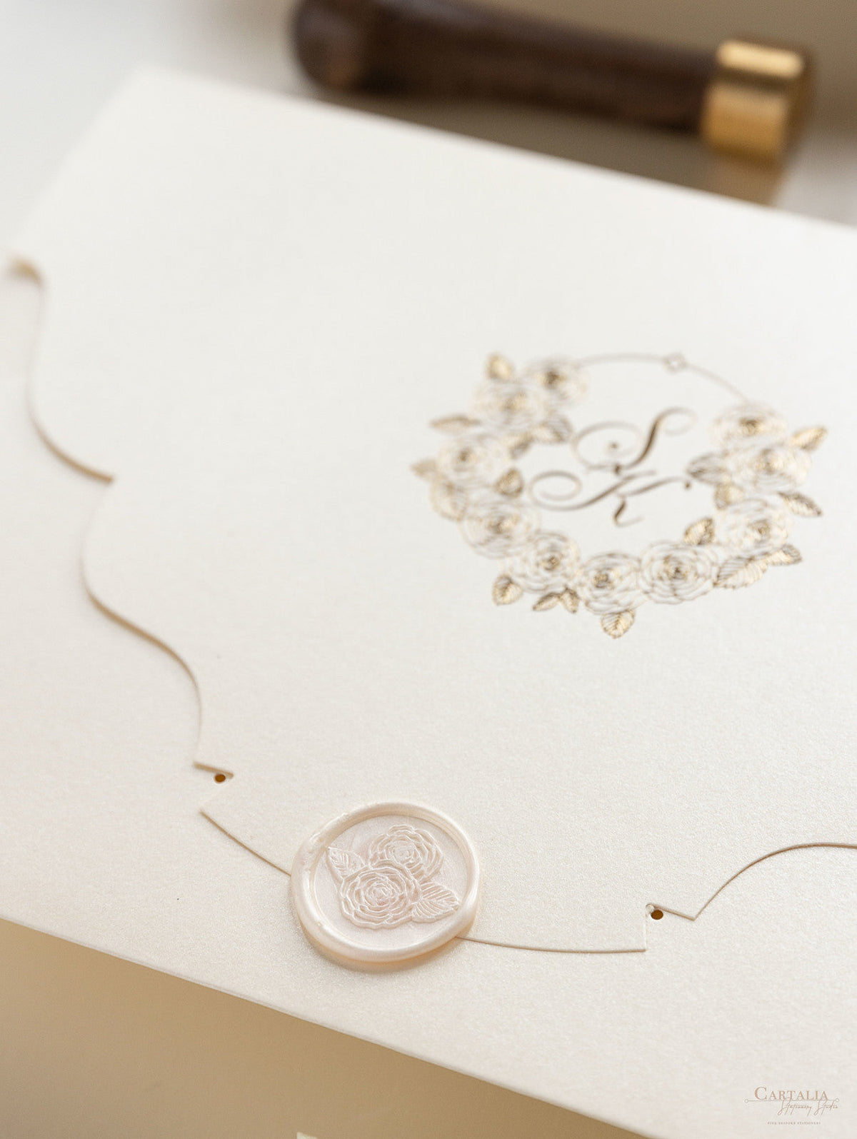 Luxury Roses Gold Foil Invitation pocket fold suite for Wedding Day, RSVP, Info Card with Laser Cut pocket, Calligraphy Script