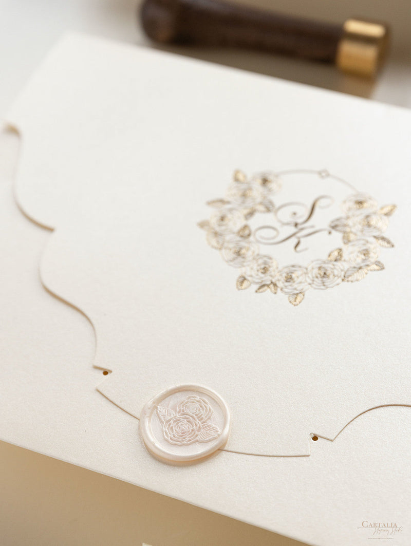 Luxury Roses Gold Foil Invitation pocket fold suite for Wedding Day, Rsvp, Info Card with Laser Cut pocket, Calligraphy Script