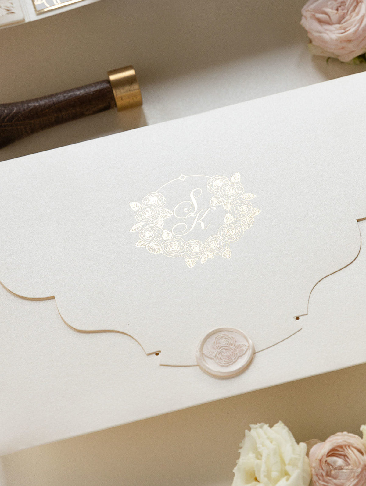 Luxury Roses Gold Foil Invitation pocket fold suite for Wedding Day, RSVP, Info Card with Laser Cut pocket, Calligraphy Script
