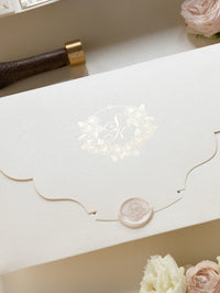 Luxury Roses Gold Foil Invitation pocket fold suite for Wedding Day, RSVP, Info Card with Laser Cut pocket, Calligraphy Script