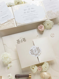 Luxury Roses Gold Foil Invitation pocket fold suite for Wedding Day, RSVP, Info Card with Laser Cut pocket, Calligraphy Script