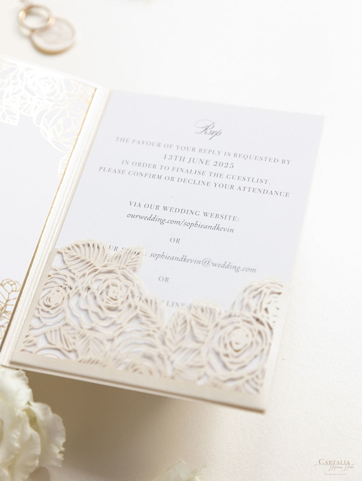 Luxury Roses Gold Foil Invitation pocket fold suite for Wedding Day, RSVP, Info Card with Laser Cut pocket, Calligraphy Script
