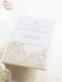 Luxury Roses Gold Foil Invitation pocket fold suite for Wedding Day, RSVP, Info Card with Laser Cut pocket, Calligraphy Script