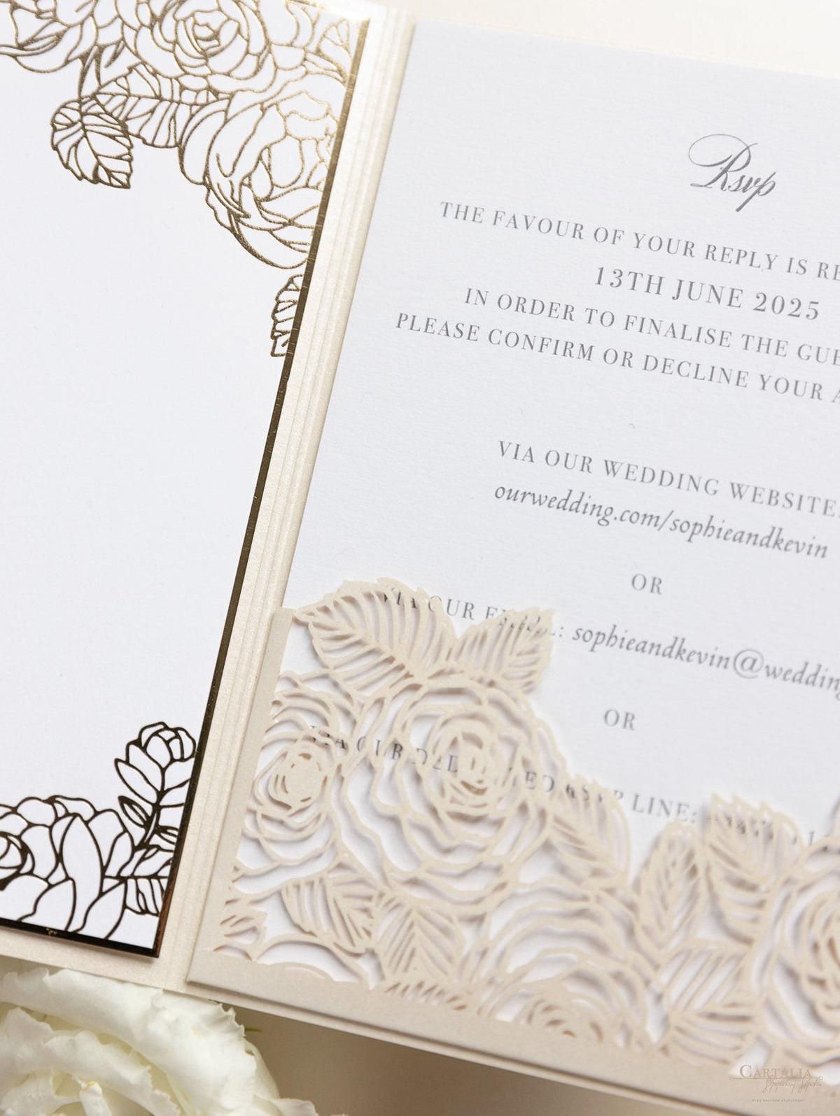 Luxury Roses Gold Foil Invitation pocket fold suite for Wedding Day, RSVP, Info Card with Laser Cut pocket, Calligraphy Script