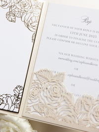 Luxury Roses Gold Foil Invitation pocket fold suite for Wedding Day, Rsvp, Info Card with Laser Cut pocket, Calligraphy Script