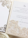 Suite plegable de bolsillo de invitación de lámina dorada de rosas de lujo para el día de la boda, Rsvp, tarjeta de información con bolsillo cortado con láser, guión de caligrafía