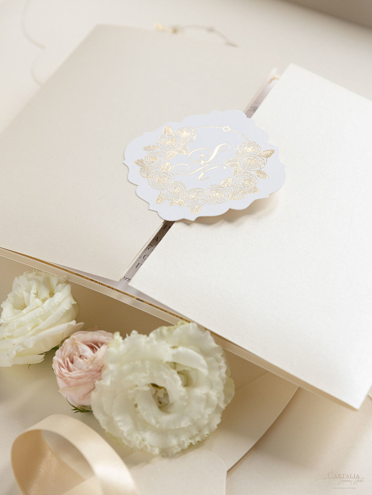 Luxury Roses Gold Foil Invitation pocket fold suite for Wedding Day, RSVP, Info Card with Laser Cut pocket, Calligraphy Script