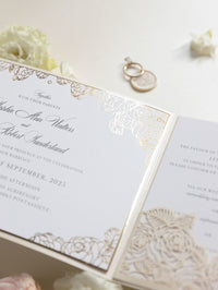 Luxury Roses Gold Foil Invitation pocket fold suite for Wedding Day, RSVP, Info Card with Laser Cut pocket, Calligraphy Script