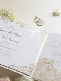 Luxury Roses Gold Foil Invitation pocket fold suite for Wedding Day, Rsvp, Info Card with Laser Cut pocket, Calligraphy Script