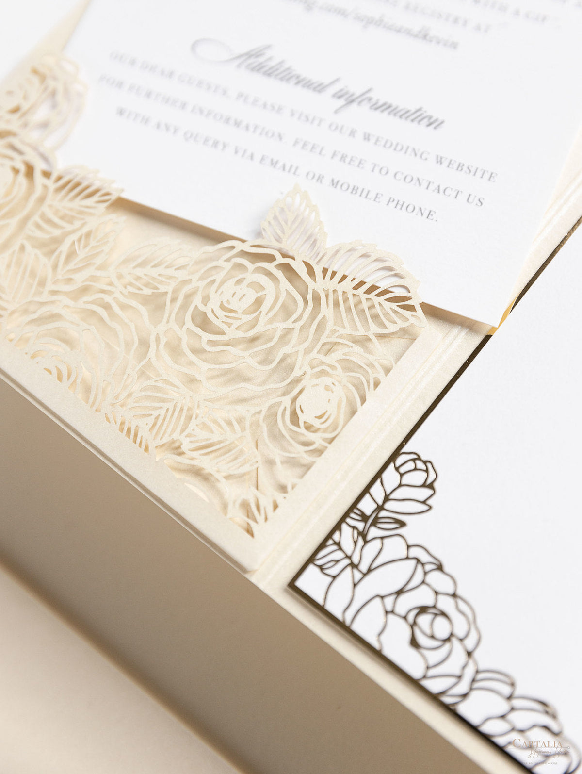 Luxury Roses Gold Foil Invitation pocket fold suite for Wedding Day, Rsvp, Info Card with Laser Cut pocket, Calligraphy Script